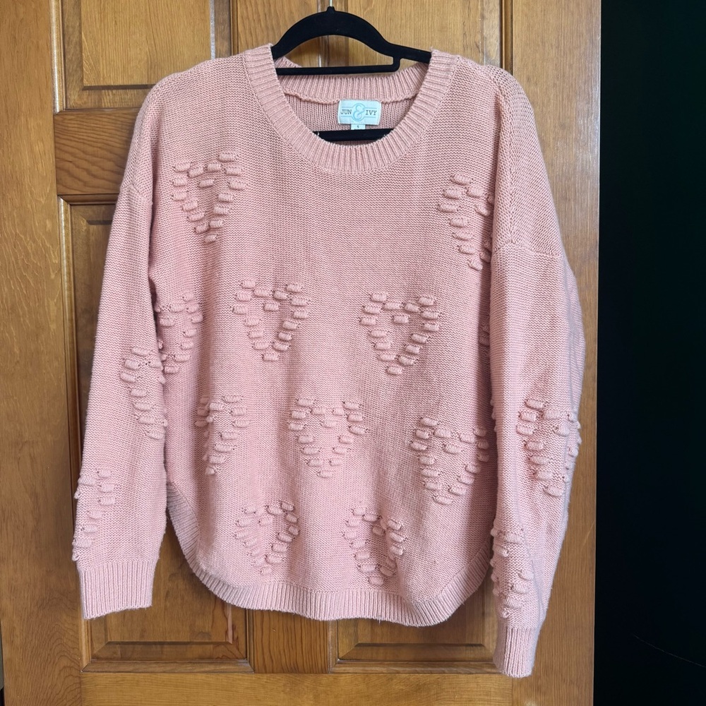 Orange - Pink Heart-Textured Crewneck Sweater